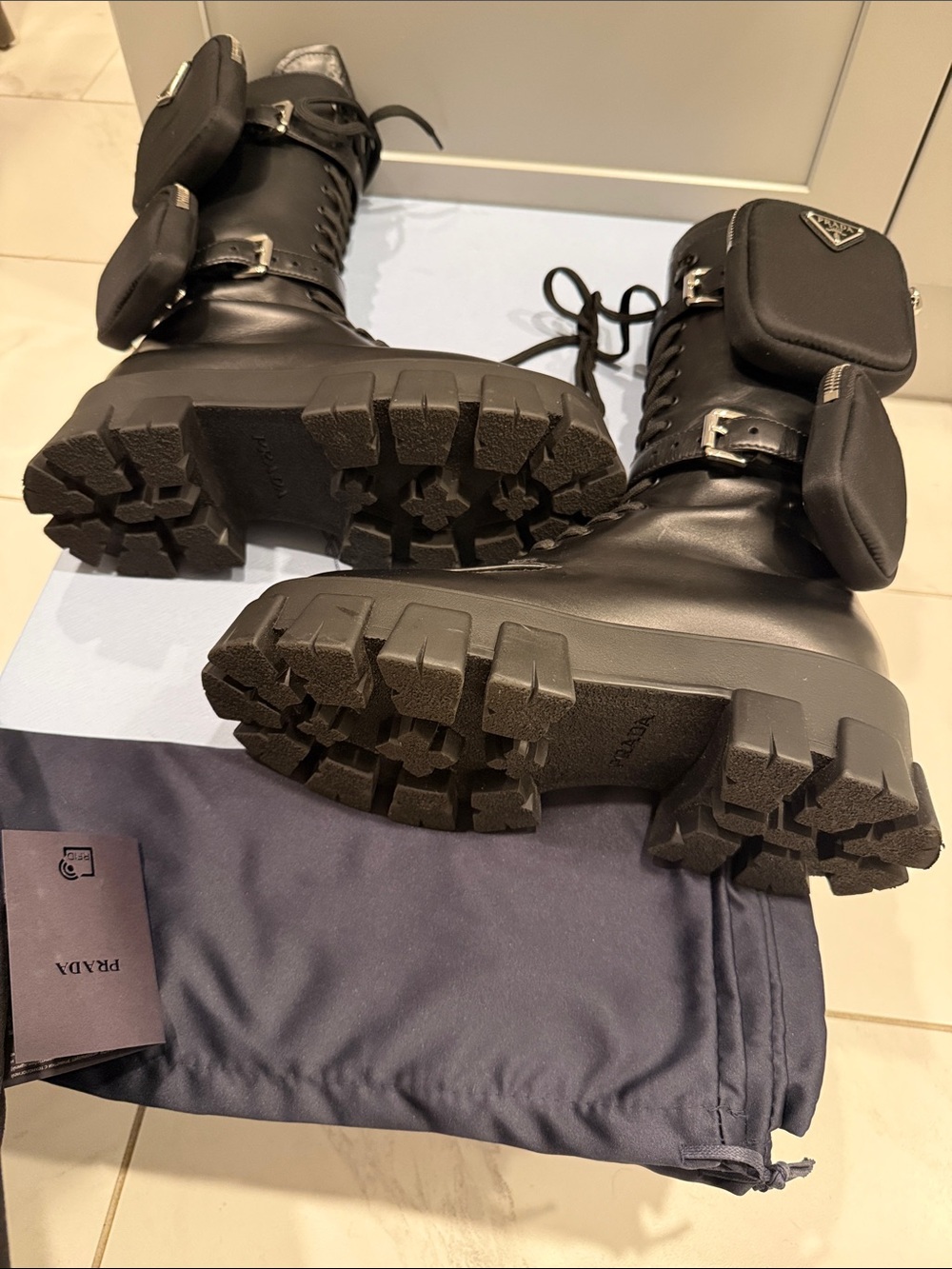 Prada Black Leather Tall Lace-Up Combat Boots with Lug Sole - Picture 5 of 6